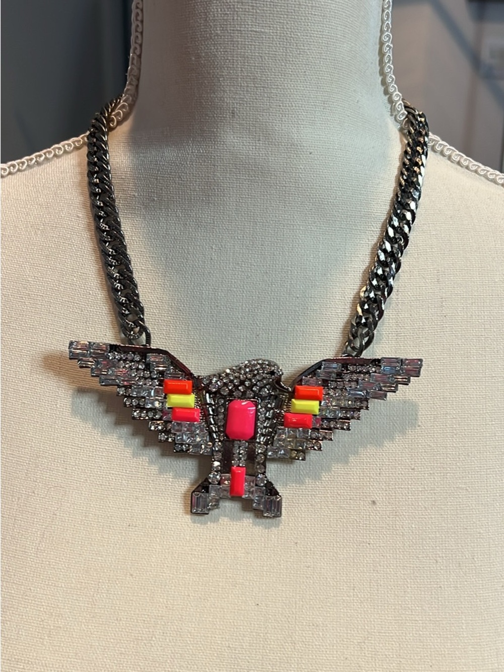 Bold Gunmetal Eagle Pendant Necklace with Neon Accents